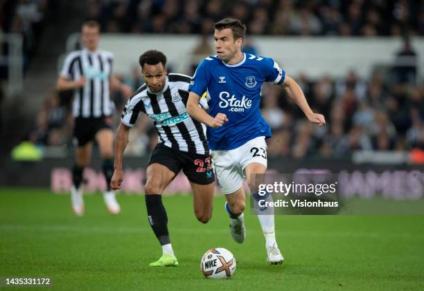 Seamus Coleman of Everton and Jacob Murphy of Newcastle United in action during the Premier League match between Newcastle United and Everton FC at...