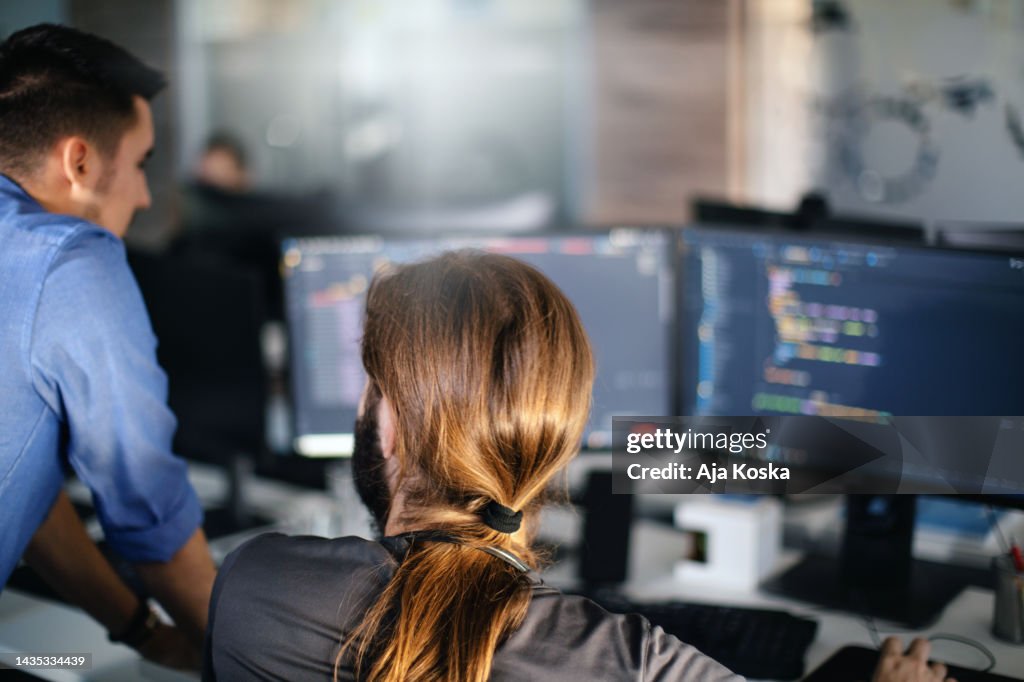 Computer Programmers Working Together On A New Software Program High ...