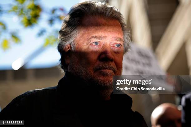 Former Trump White House senior advisor Steve Bannon speaks to journalists after leaving federal court after being sentenced on October 21, 2022 in...