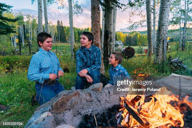 young caucasian rancher brothers sitting together telling stories around a warm camp fire in a firepit in the back yard on a small town family-owned ranch in colorado, usa - campfire stories stock pictures, royalty-free photos & images