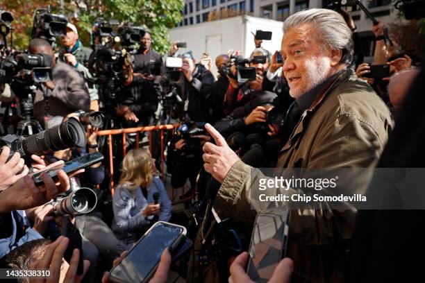 Former Trump White House senior advisor Stephen Bannon speaks to journalists after leaving federal court after being sentenced on October 21, 2022 in...