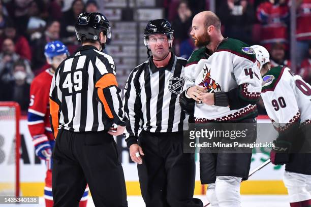 Zack Kassian of the Arizona Coyotes skates to the penalty box after fighting during the first period against the Montreal Canadiens at Centre Bell on...
