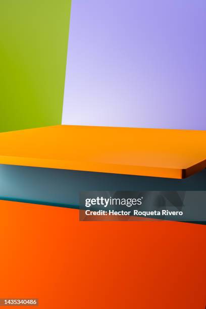 3d rendering with planes of red, orange, green and violet colors forming an abstract figure, pedestal. - still life vectors stock-fotos und bilder