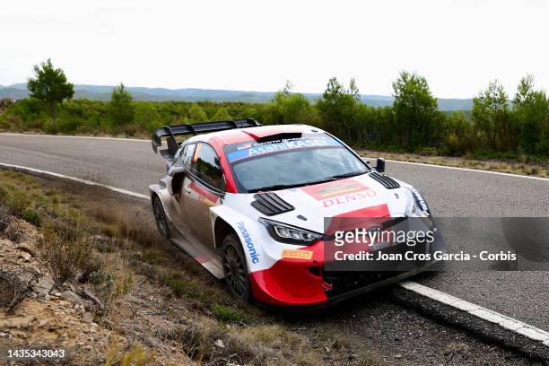 Takamoto Katsuta of Japan and Aaron Johnston of Ireland compete with their Toyota Gazoo Racing WRT Toyota GR Yaris Rally1 Hybrid during day two of...