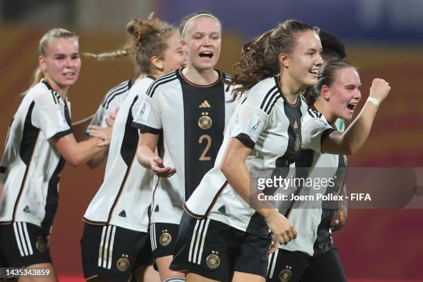 Marie Steiner of Germany celebrates with her team mates after scoring her teams first goal during the FIFA U-17 Women's World Cup 2022 Quarter Final...