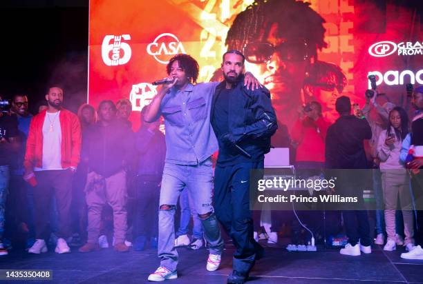 Savage and Drake Onstage During Wicked Featuring 21 Savage at Forbes Arena at Morehouse College on October 19, 2022 in Atlanta, Georgia.