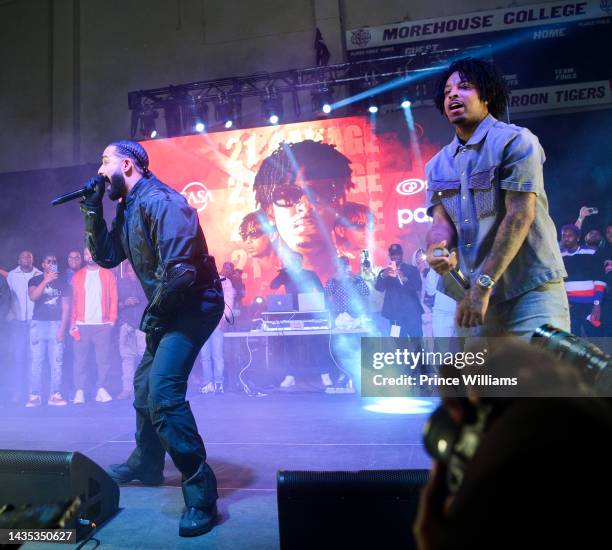 Drake and 21 Savage perform during Wicked Featuring 21 Savage at Forbes Arena at Morehouse College on October 19, 2022 in Atlanta, Georgia.