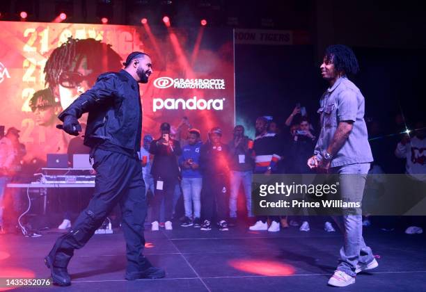 Drake and 21 Savage perform during Wicked Featuring 21 Savage at Forbes Arena at Morehouse College on October 19, 2022 in Atlanta, Georgia.