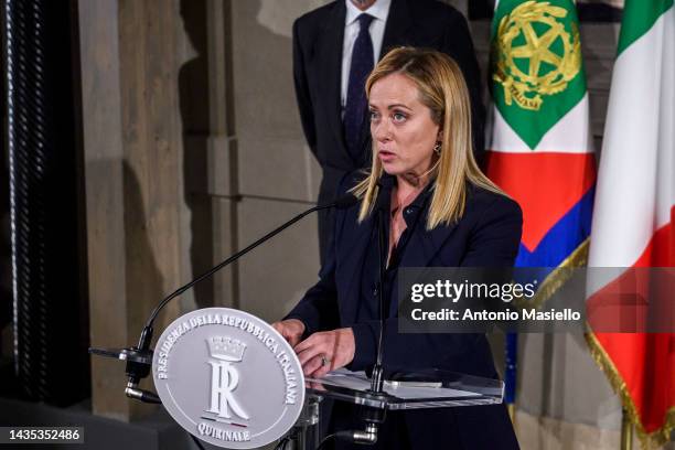Giorgia Meloni, Fratelli d’Italia leader speaks to the media after being appointed Prime Minister by the Italian President Sergio Mattarella during...