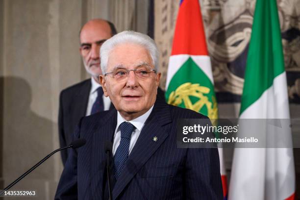 Italian President Sergio Mattarella speaks to the media after appointing Giorgia Meloni Prime Minister during the second day of consultations at...