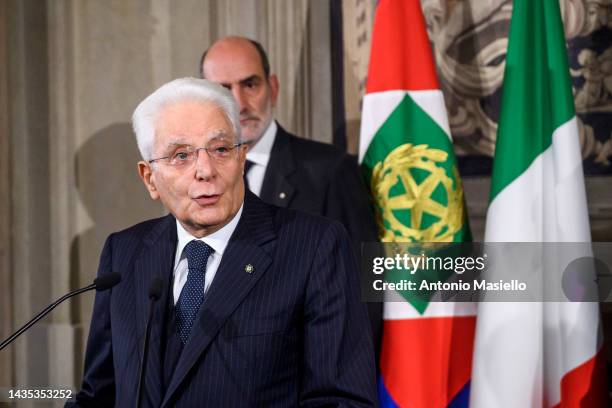 Italian President Sergio Mattarella speaks to the media after appointing Giorgia Meloni Prime Minister during the second day of consultations at...