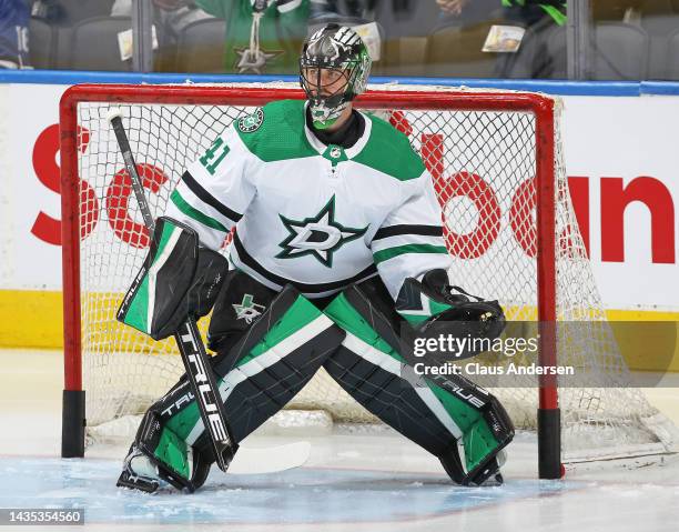 Scott Wedgewood of the Dallas Stars warms up prior to playing against the Toronto Maple Leafs in an NHL game at Scotiabank Arena on October 20, 2022...