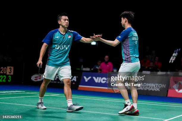 Marcus Fernaldi Gideon and Kevin Sanjaya Sukamuljo of Indonesia reac in the Men's Doubles Quarter Finals match against Leo Rolly Carnando and Daniel...