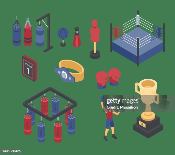 ilustrações, clipart, desenhos animados e ícones de conjunto vetorial isométrico de boxe - ringue de boxe