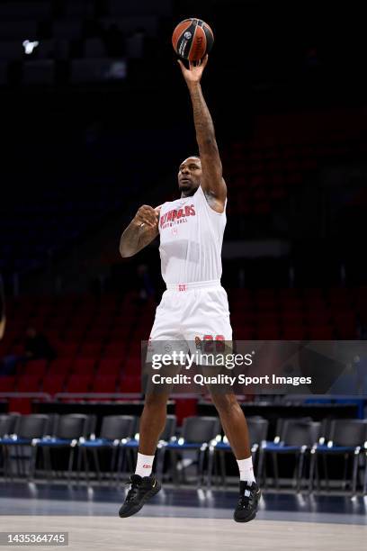 Tarik Black of Olympiacos Piraeus perform warm-up work before the 2022/2023 Turkish Airlines EuroLeague Regular Season Round 4 match between Cazoo...