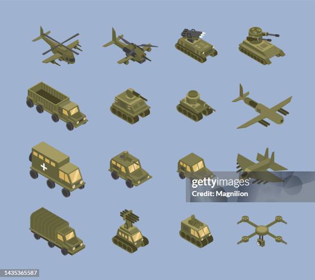 military equipment and vehicles, army isometric vector - military vehicle stock illustrations