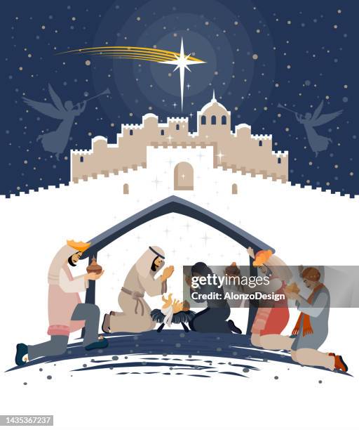 christmas night. birth of jesus. three wise men. - holy family jesus mary and joseph stock illustrations