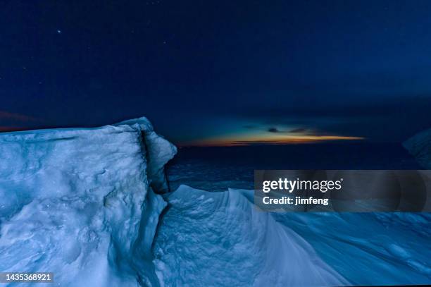 lake huron and georgian bay in winter at dusk, tiny, ontario, canada - dark angel stock pictures, royalty-free photos & images