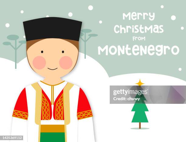 christmas greeting card traditional costume girl montenegro - montenegrin people stock illustrations