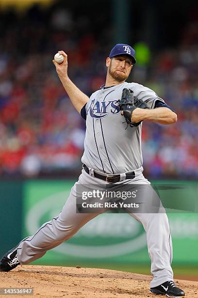 Jeff Niemann of the Tampa Bay Rays delivers a pitch against the Texas Rangers at Rangers Ballpark in Arlington on April 28, 2012 in Arlington, Texas.