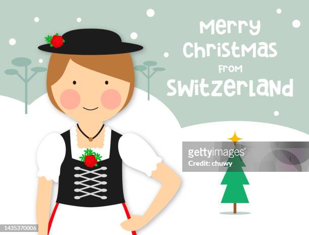 weihnachtsgrusskarte trachtenmädchen schweiz - swiss culture stock-grafiken, -clipart, -cartoons und -symbole