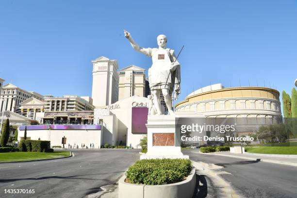 Caesar statue outside Caesars Palace wearing a Dominique Ansel Las Vegas apron at Caesars Palace on October 21, 2022 in Las Vegas, Nevada. Iconic