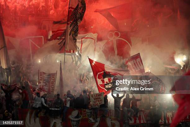 Fans of 1. FSV Mainz 05 light flares in the stands prior to the Bundesliga match between 1. FSV Mainz 05 and 1. FC Köln at MEWA Arena on October 21,...