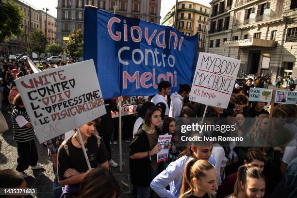 People demonstrate against Giorgia Meloni's government during an anti-fascist student protest on October 21, 2022 in Naples, Italy. On the day of the...