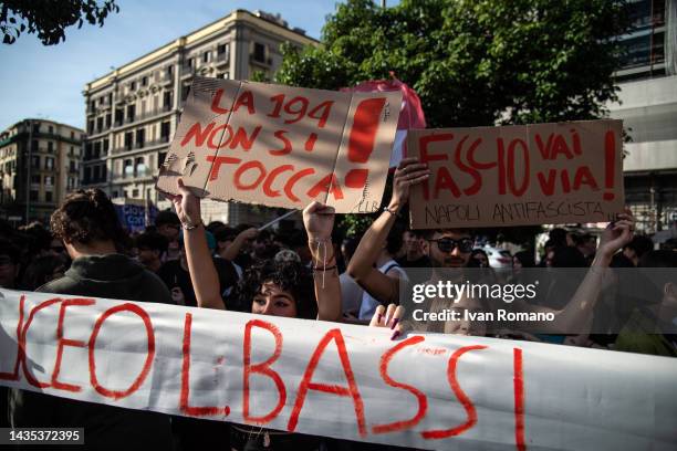 People demonstrate in defense of Law 194 and the right to abortion during an anti-fascist protest by students on October 21, 2022 in Naples, Italy....