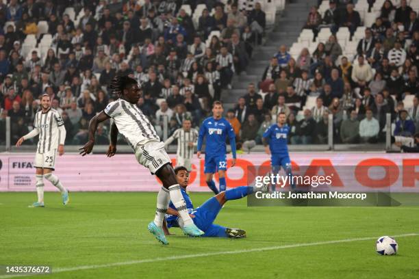 Moise Kean of Juventus scores to give the side a 1-0 lead during the Serie A match between Juventus and Empoli FC at Allianz Stadium on October 21,...