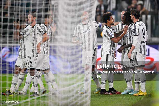 Moise Kean of Juventus celebrates with teammates after scoring his team's first goal during the Serie A match between Juventus and Empoli FC at...