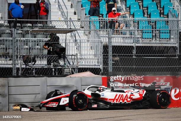 Antonio Giovinazzi of Italy driving the Haas F1 VF-22 Ferrari crashes during practice ahead of the F1 Grand Prix of USA at Circuit of The Americas on...