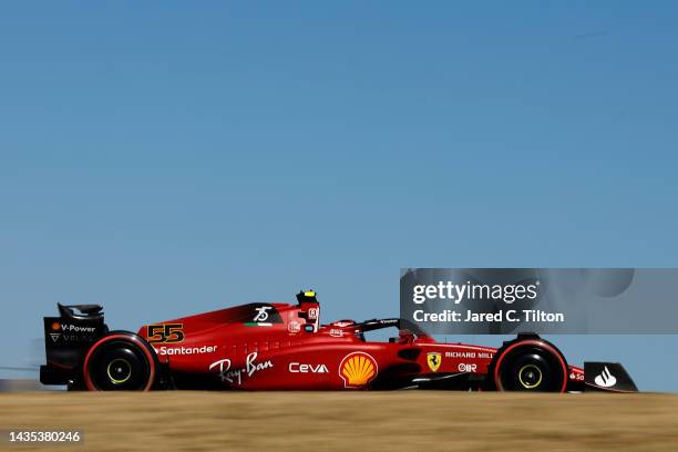 Carlos Sainz of Spain driving the Ferrari F1-75 on track during practice ahead of the F1 Grand Prix of USA at Circuit of The Americas on October 21,...