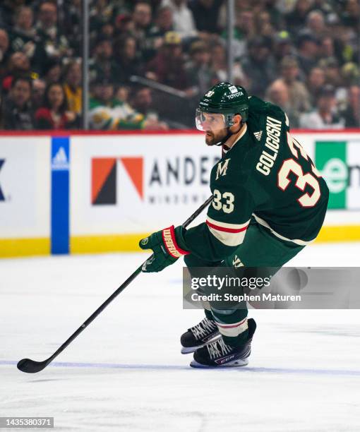 Alex Goligoski of the Minnesota Wild skates against the Vancouver Canucks in the first period of the game at Xcel Energy Center on October 20, 2022...