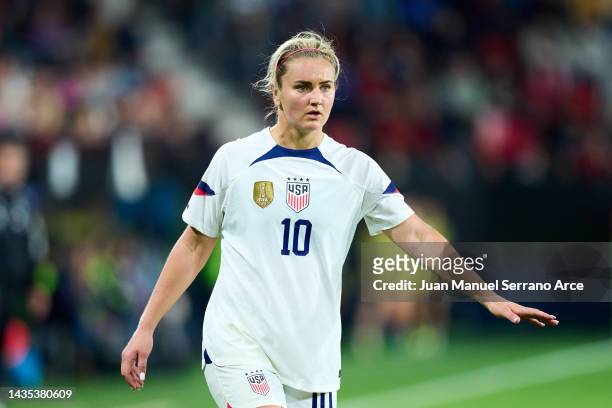 Lindsey Horan of USA reacts during the Women's International Friendly match between Spain and USA at El Sadar Stadium on October 11, 2022 in...