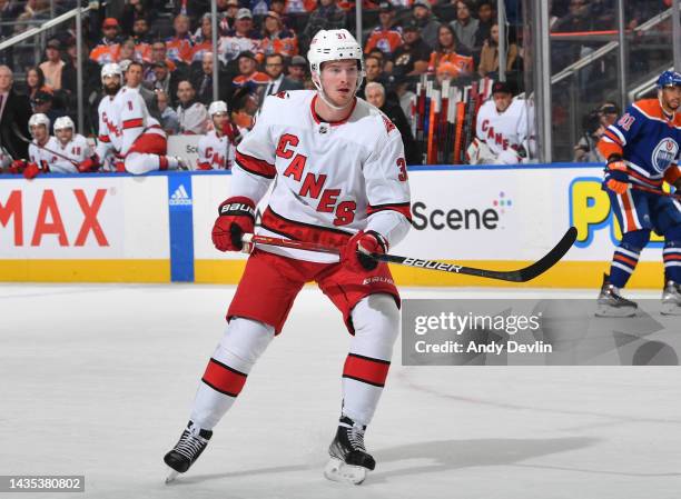 Andrei Svechnikov of the Carolina Hurricanes skates during the game against the Edmonton Oilers on October 20, 2022 at Rogers Place in Edmonton,...