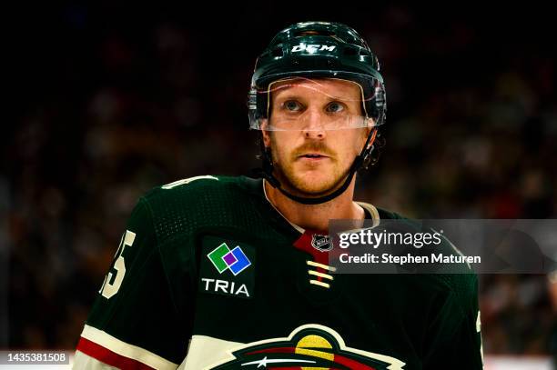 Jonas Brodin of the Minnesota Wild skates back to the bench before the overtime period of the game against the Vancouver Canucks at Xcel Energy...