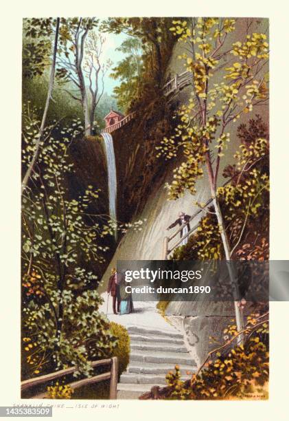 bildbanksillustrationer, clip art samt tecknat material och ikoner med shanklin chine, a geological feature and tourist attraction in the town of shanklin, on the isle of wight, victorian - glänta