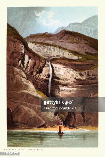 blackgang chine a coastal ravine in soft cretaceous cliffs, isle of wight, 19th century - isle of wight beach stock illustrations