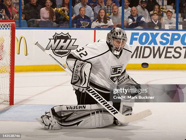 Goalie Jonathan Quick of the Los Angeles Kings makes a stop in Game One of the Western Conference Semifinals against the St. Louis Blues during the...