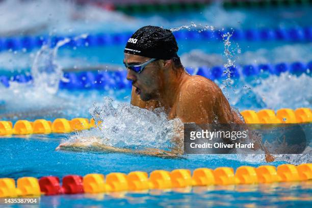 Thomas Ceccon of Italy competes in the Men's 100m Individual Medley final during day one of the FINA Swimming World Cup Berlin at Schwimm- und...