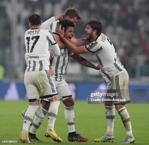 Weston Mckennie of Juventus celebrates his goal with his team-mate Manuel Locatelli, Daniele Rugani and Filip Kostic during the Serie A match between...