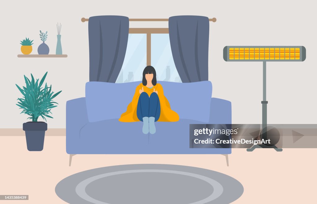 Young Woman Wrapped In Blanket, Sitting On Couch.Electric Heater In Living Room