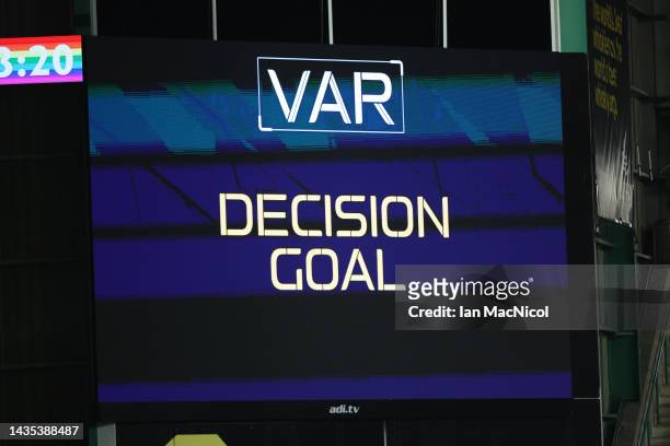 The LED board displays a VAR decision confirming a goal during the Cinch Scottish Premiership match between Hibernian FC and St. Johnstone FC at on...