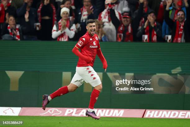 Aaron Caricol of 1. FSV Mainz 05 celebrates after scoring their team's fourth goal during the Bundesliga match between 1. FSV Mainz 05 and 1. FC Köln...
