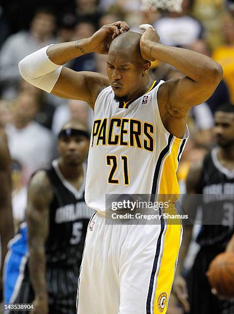 David West of the Indiana Pacers reacts late in the game on the way to a 77-81 loss to the Orlando Magic in Game One of the Eastern Conference...