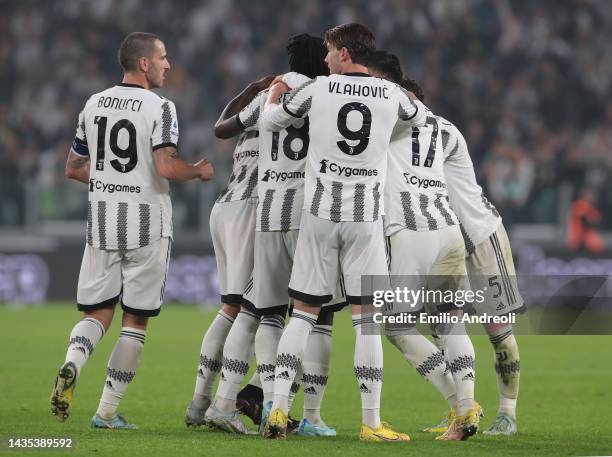 Weston Mckennie of Juventus celebrates his goal with his team-mates during the Serie A match between Juventus and Empoli FC at Allianz Stadium on...