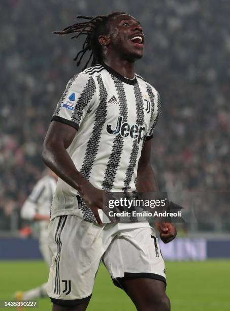 Moise Kean of Juventus celebrates his second goal that was later disallowed by VAR during the Serie A match between Juventus and Empoli FC at Allianz...