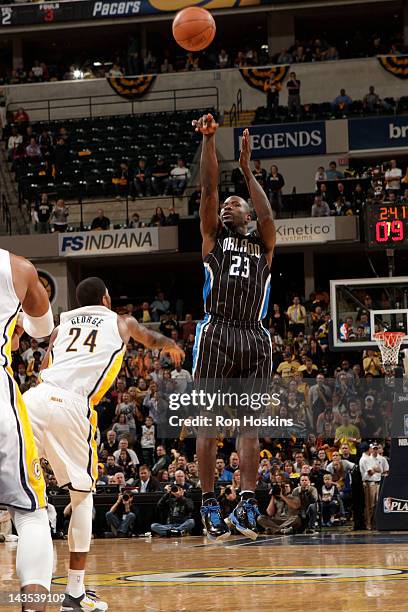 Jason Richardson of the Orlando Magic takes a jump shot against Paul George of the Indiana Pacers in Game One of the Eastern Conference Quarterfinals...