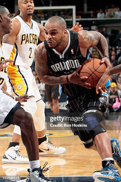 Jameer Nelson of the Orlando Magic drives to the basket against the Indiana Pacers in Game One of the Eastern Conference Quarterfinals during the...